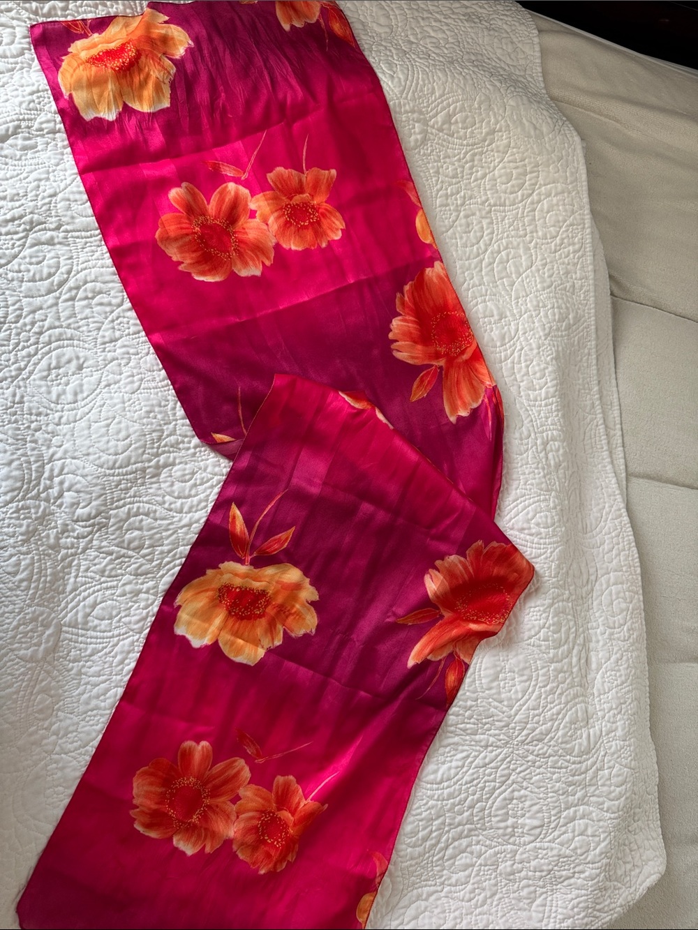 Bright Fuchsia Floral Satin Scarf